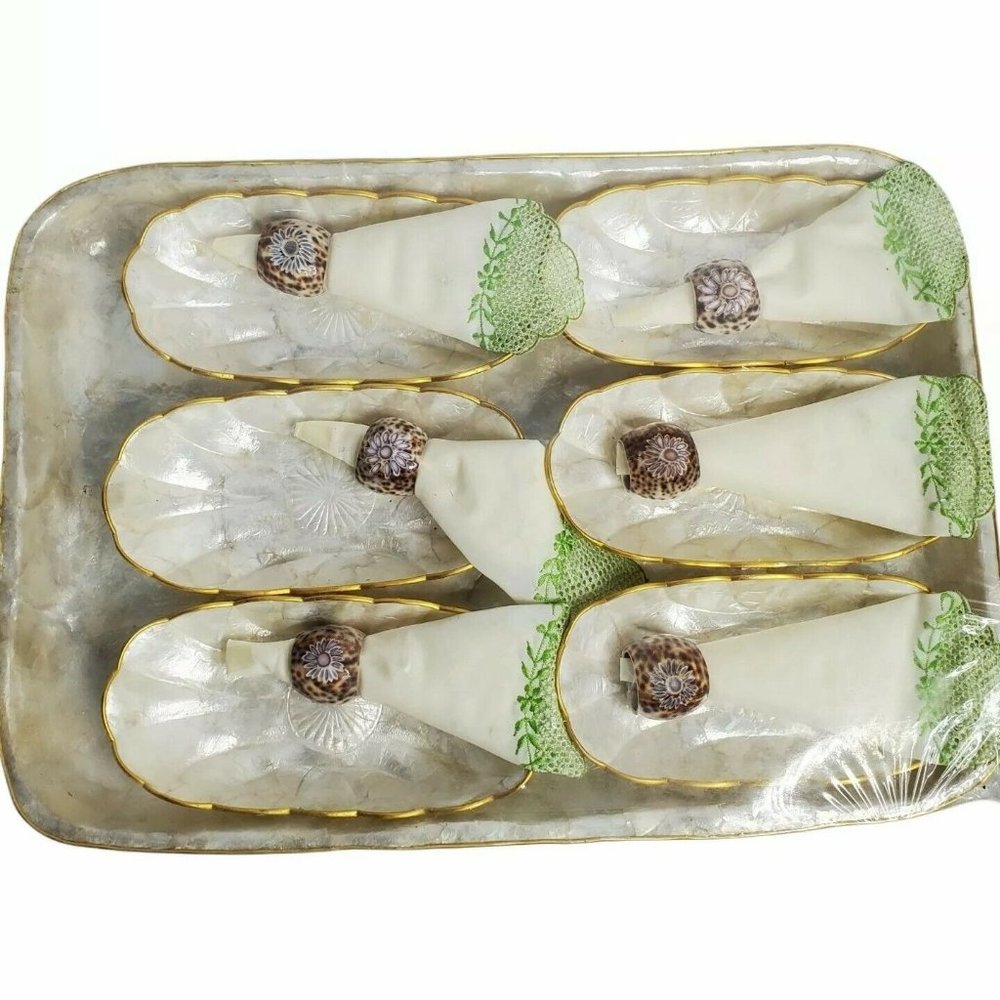 Vintage Capiz Shell Tray, Oval Dishes, Shell Napkins Rings and Napkins